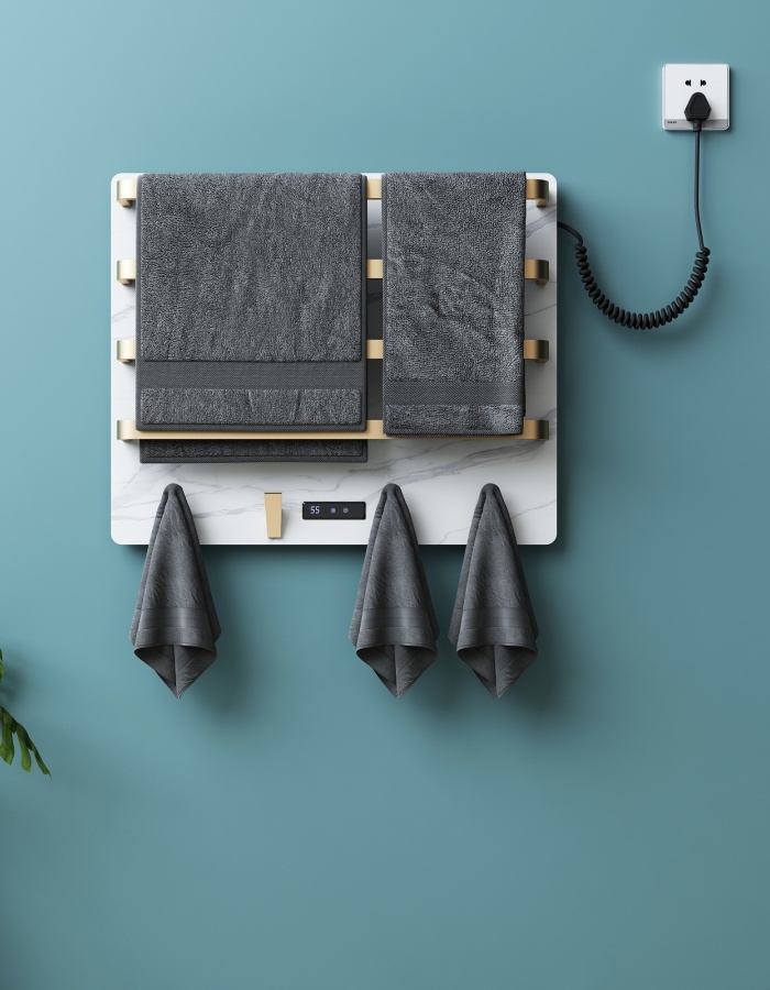 R-110BW/110AW鱼肚白岩板电热毛巾架 智能毛巾浴巾发热架 高颜值现代时尚简约 智能定时网络控制 石墨烯电热毛巾架
