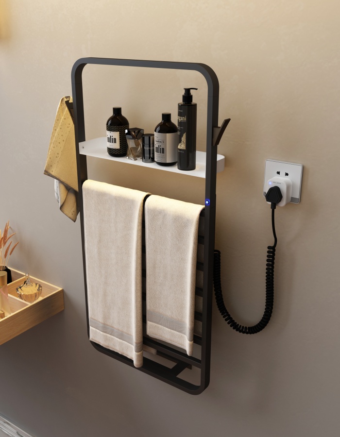 R-111CB 智能浴室置物架、电热毛巾架、置物单层架带电热烘干智能毛巾加热功能、挂钩电热毛巾架、外贸跨境出口电热毛巾架